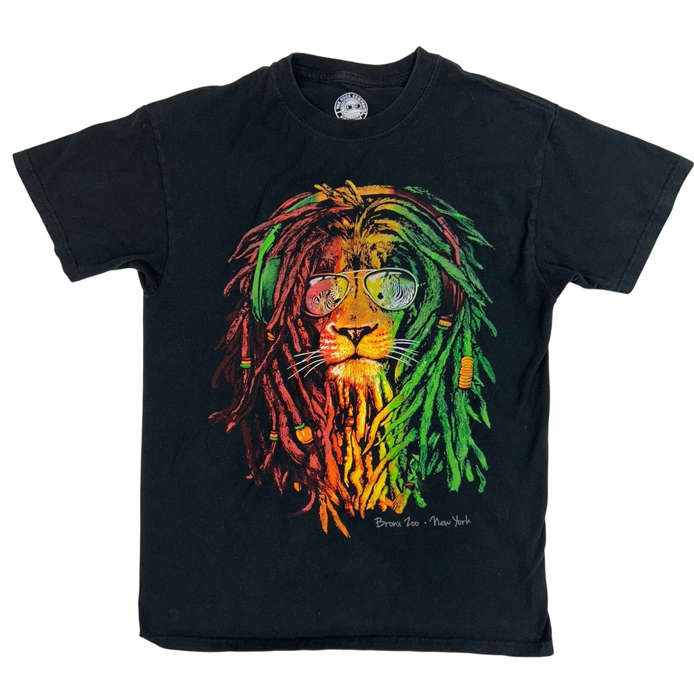 The Duck Company Bronx Zoo NY Rasta Lion Graphic T-Shirt Men Medium Black Cotton